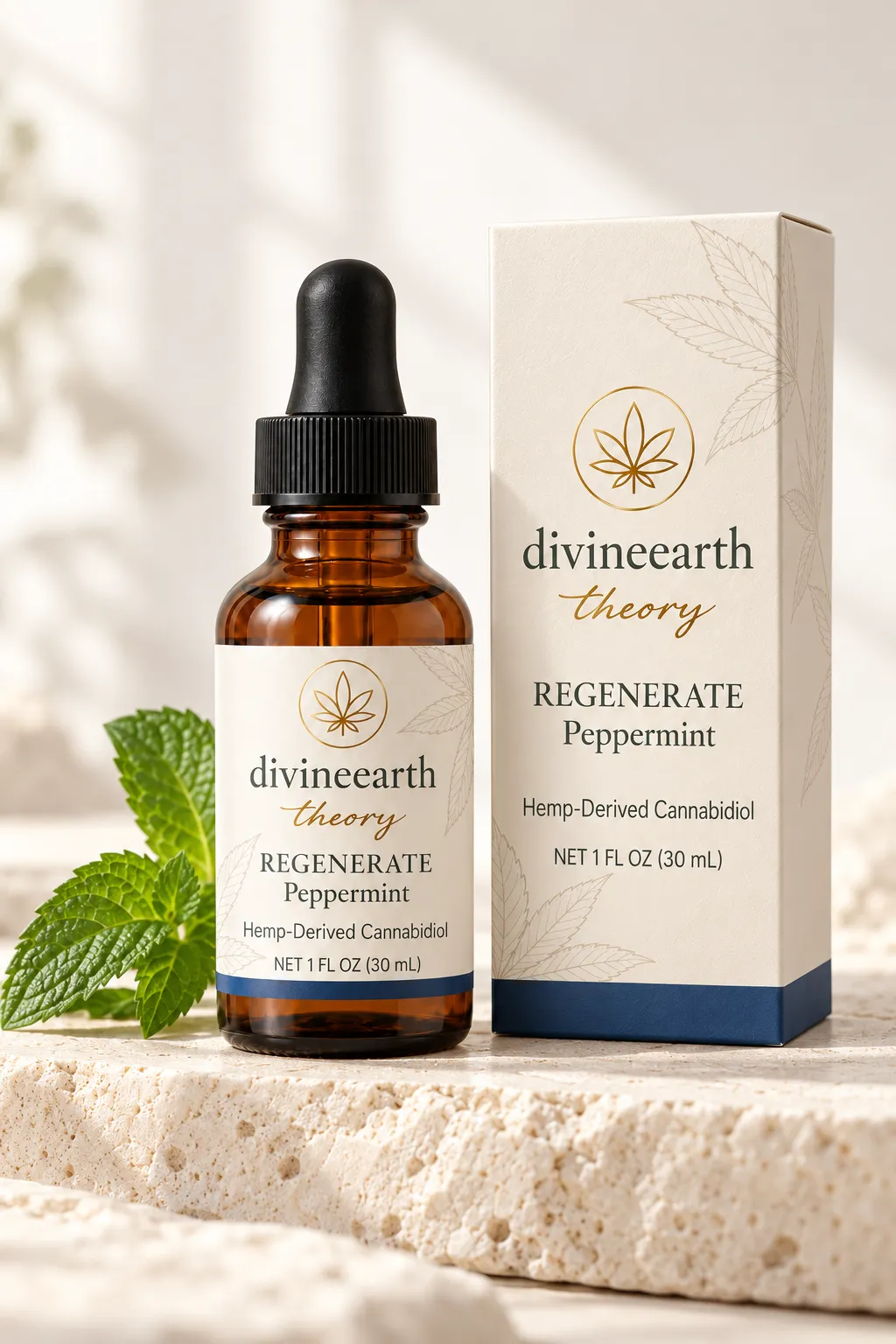 REGENERATE Peppermint bottle and box on natural stone