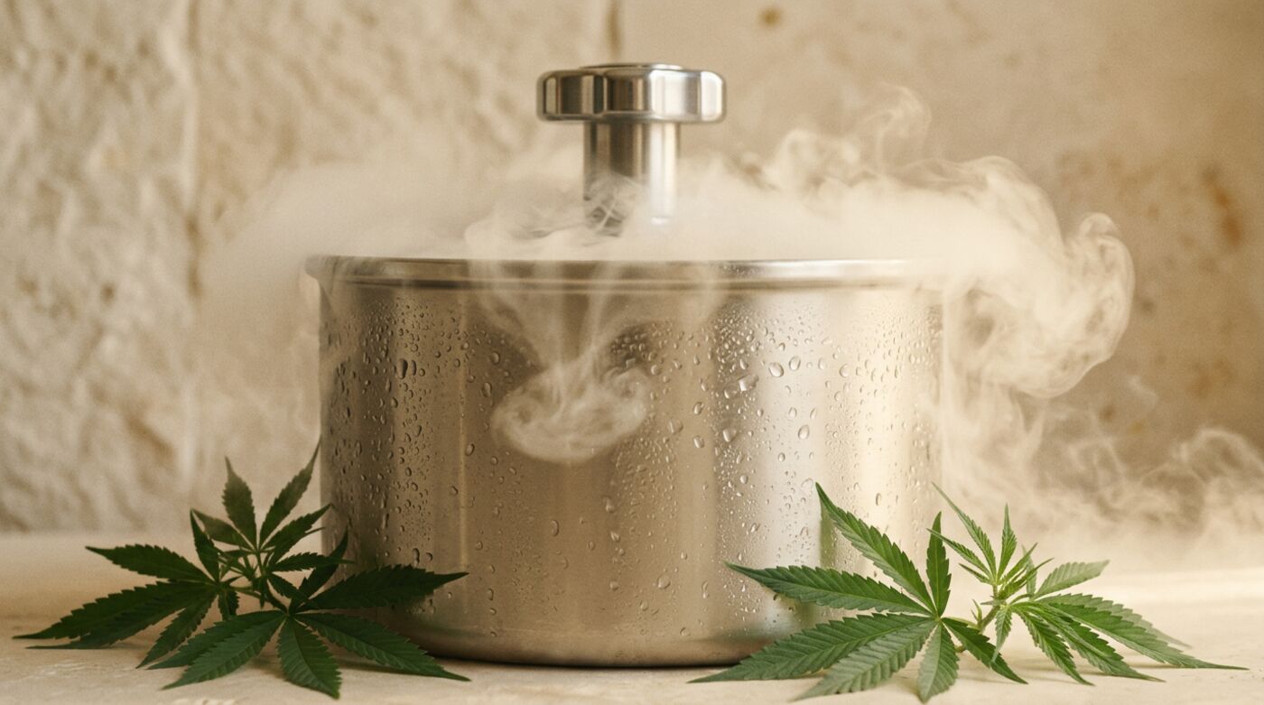 Chilled extraction vessel with cold vapor beside fresh hemp leaves