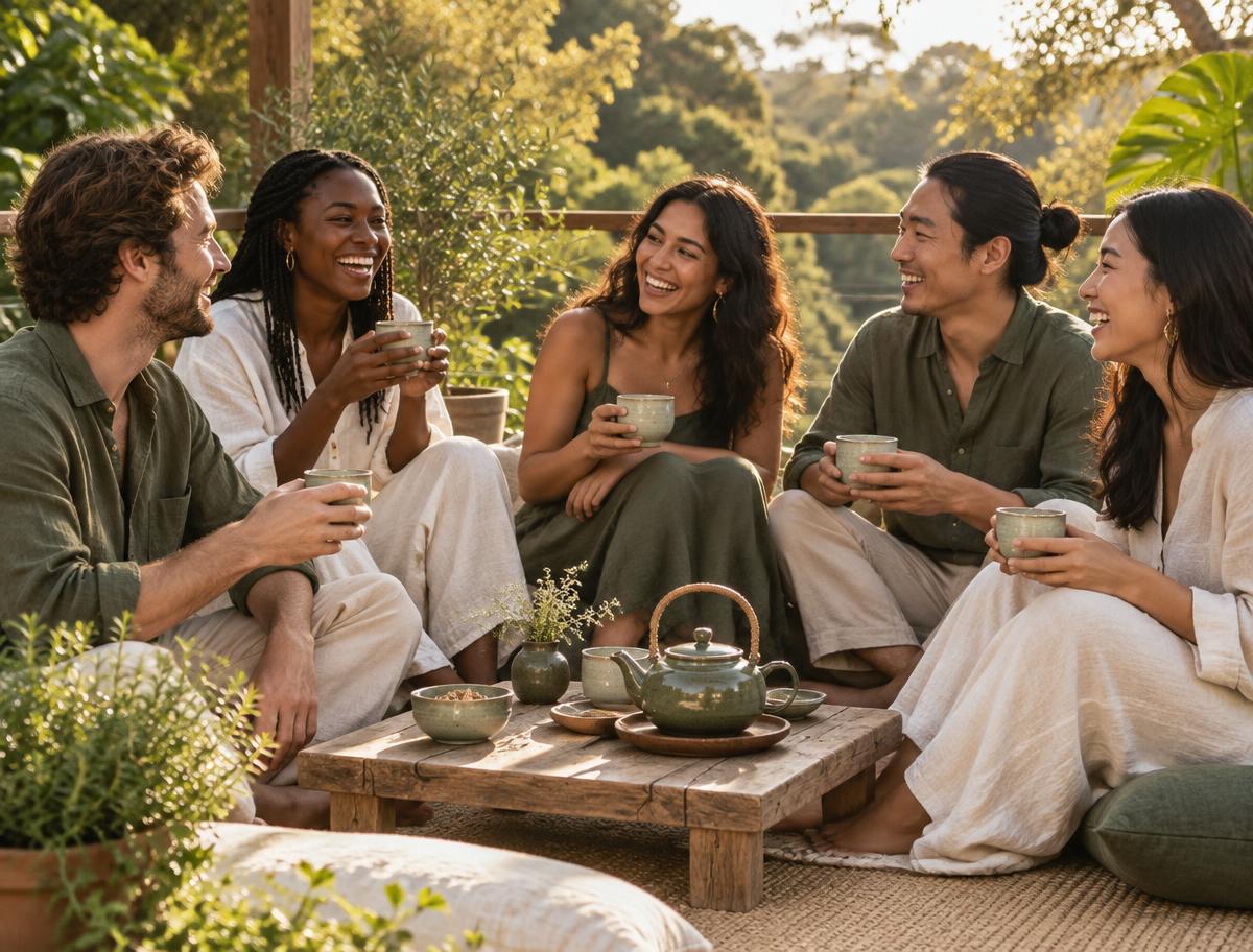Friends gathered outdoors sharing tea and conversation