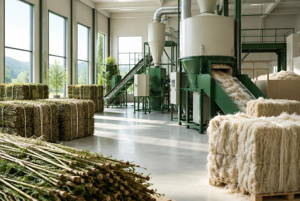 Hemp fiber processing facility with bales of hemp
