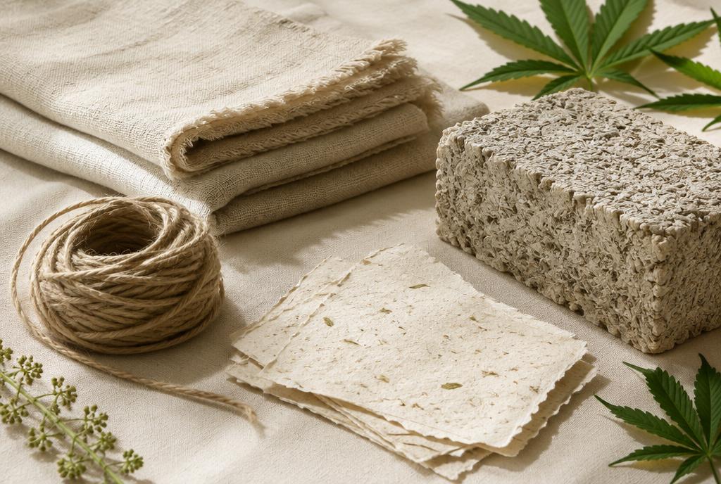 Hemp fabric, rope, paper and a hempcrete block